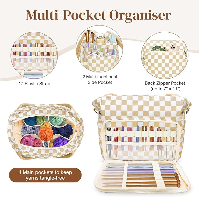 DALINDA Crochet Bag Organizer,Yarn Bag and Tote- Yarn Storage with Multiple Pockets for Crochet Supplies, Knitting Bag for Gifts,Portable & Durable (Brown Plaid)