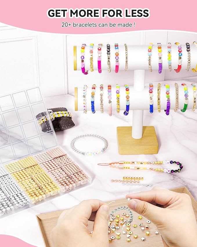 ARTDOT 1740 Pieces Gold Beads for Friendship Bracelets Making Kit, 8 Shapes Organized Jewelry Making Supplies Spacer Beads Set with Rhinestones Crafts Gifts