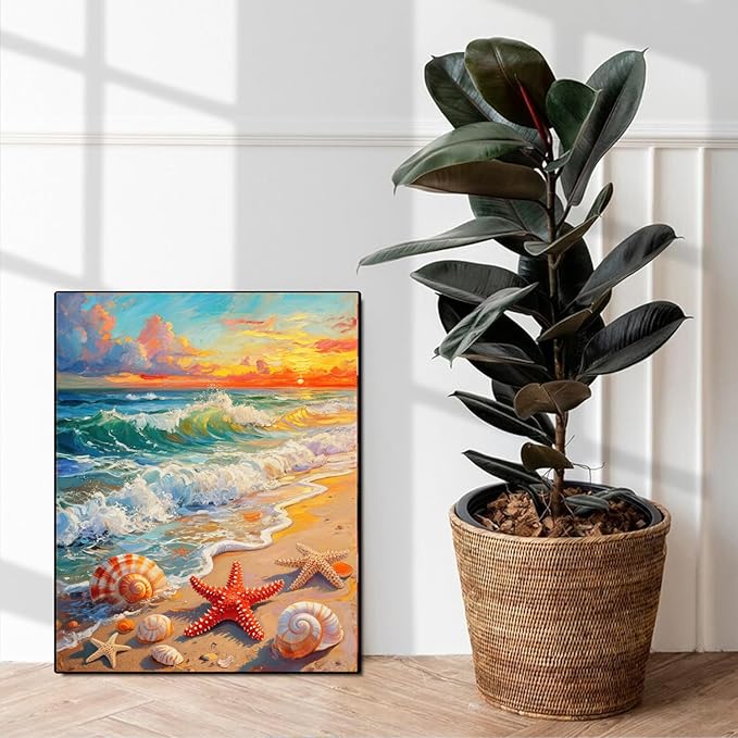 Fotasmua Beach Paint by Numbers Kit for Adults Beginner, Ocean Shellfish Easy Adult Paint by Number Kits on Canvas, DIY Acrylic Oill Painting Arts and Crafts Kits for Home Wall Decor 16x20 Inch