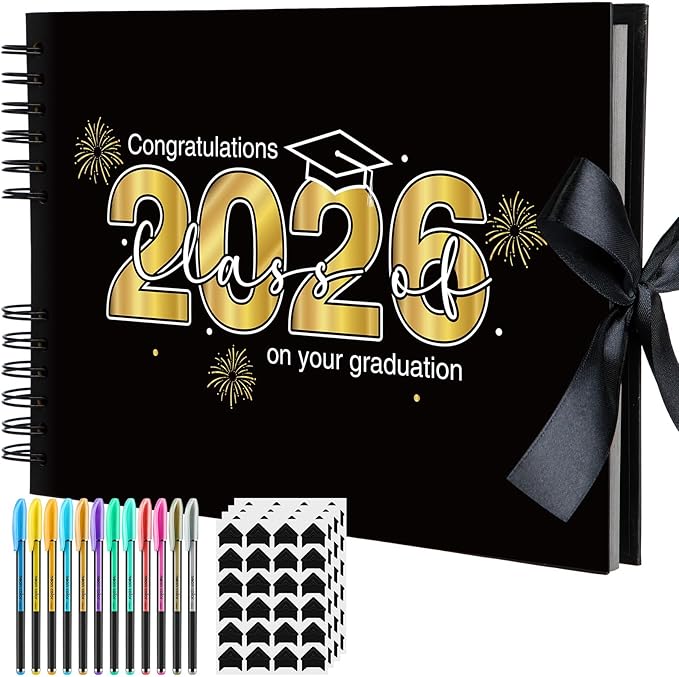 80 Pages Graduation Scrapbook Kit 11 x 8 Inch Photo Album of 2026 Graduation Decoration with 12 Metal Pens and 4 Sheets Stickers for DIY School Congrats Grad Memory Book to Sign(Black)