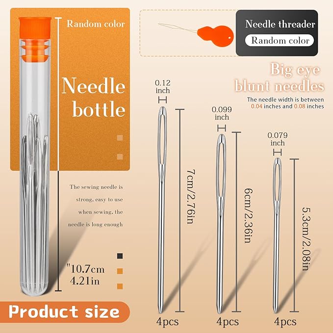 TLKKUE 12 Pcs/3 Sizes Large-Eye Blunt Needles, Steel Yarn Needle with Needle Threader, Tapestry Needle for Sewing Crochet Knitting Embroidery (Silver 2.08in/2.36in/2.76in)