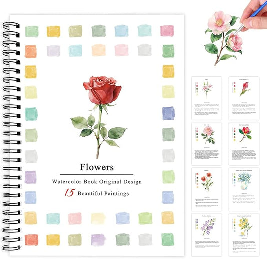 SLWBZ Watercolor Workbook Flowers, 15 Different Patterns of Original DIY Designs, 16 Color Watercolor Paint Plates with Palette and Brush, Beginner-Friendly Watercolor Workbooks, Flowers