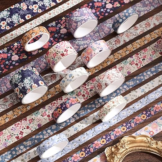 12 Rolls Floral Washi Tape Set - 0.4/0.6/0.8/1.2in Numerous Flowers Design Decorative Tapes for Journaling Scrapbooking Writable Vintage Scrapbook Supplies Letter Gift Craft Tape(Colorful2)