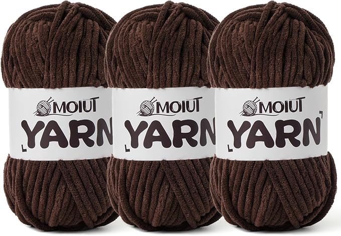 3 Pack Fluffy Chenille Yarn for Crocheting, Chunky Velvet Yarns for Crochet Amigurumi, Baby Yarn for Crocheting Soft Blanket, 262.4yds /10.5 oz Bulky Yarns for Crafts/Hats/Shoes/Socks (3 Coffee)