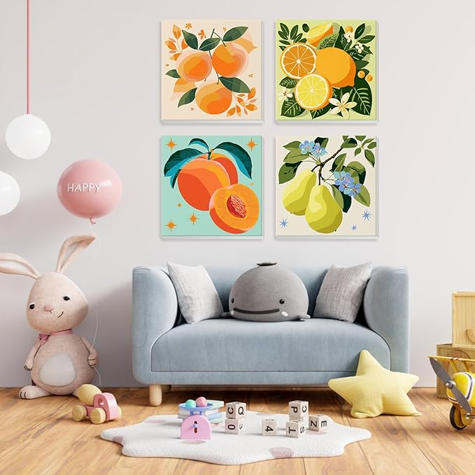 4 Pack Paint by Number for Kids with Wooden Frame, Lovely Watercolor Fruit Paint by Numbers for Kids Ages 8-12, Orange, Lemon, Peach, Pear, DIY Acrylic Oil Painting for Home Wall Decor 8X8 inch