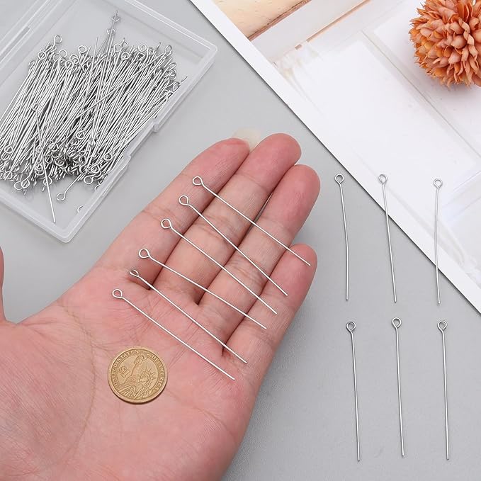200 Pcs 50mm Straight Eye Pins for Craft Earring Bracelet Necklace Pendant DIY Jewelry Making, Platinum Color