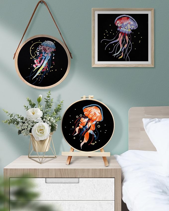 TINDTOP Embroidery Kit for Adults, 5 Sets Jellyfish Embroidery Kit for Beginners Include Embroidery Cloth Hoops Threads for Craft Lover Hand Stitch with Embroidery Skill Techniques