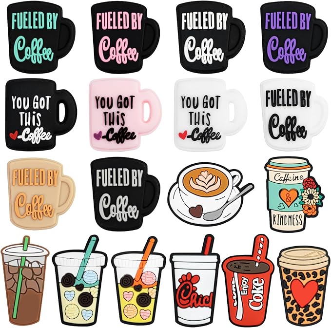 Fantasyon Silicone Focal Beads for Pens Coffee Cup Silicone Accessory Kit 18 Pcs Colorful Round Silicone Beads for Keychain Making Bracelet Necklace Handmade Crafts (Cup 1)