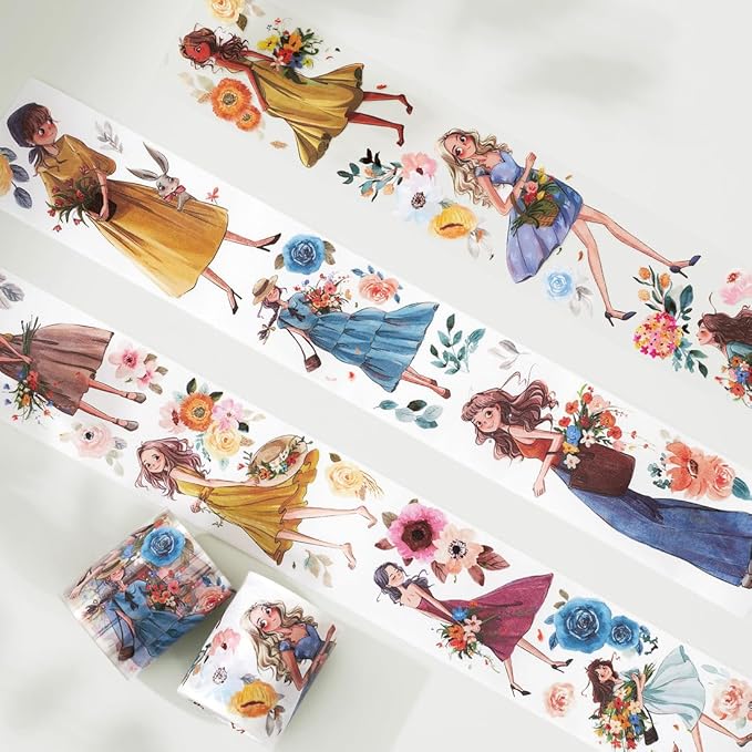 WT Carefree Washi Tape, Original Designs, Characters Figures Girls Decorative, Craft, Bujo Planner Supplies, Watercolor Flower Tape, DIY Journaling Supplies