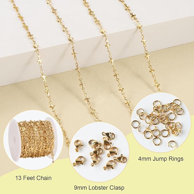 SMYHTGLIF 13 Feet Gold Cross Chain for Jewelry Making Stainless Steel Chain Bulk Craft Jewelry with Lobster Clasps and Jump Rings