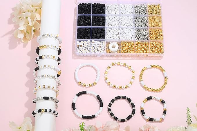 DUQGUHO Clay Beads Bracelet Making Kit for Adults 2940 Pcs, Clay Beads for Bracelets Making 6mm, Black and White Bead Kits for Jewelry DIY