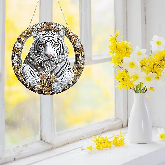 Generic DIY Hanging Diamond Pendant Special Shaped Crystal Diamond Art Painting Ornament Single Sided for Window Home Garden Wall Door Decor-White Tiger