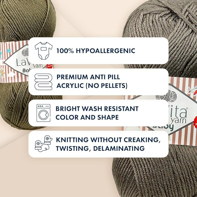 LaVita Baby Premium Anti-Pill Acrylic Yarn - 820 Yards, 3 x 3.5 oz - Warm, Airy Fiber with Silky Texture - Oeko-TEX Certified, Durable, Lightweight, Long-Lasting, Solid Pastel Colors - 3 Skeins Pack