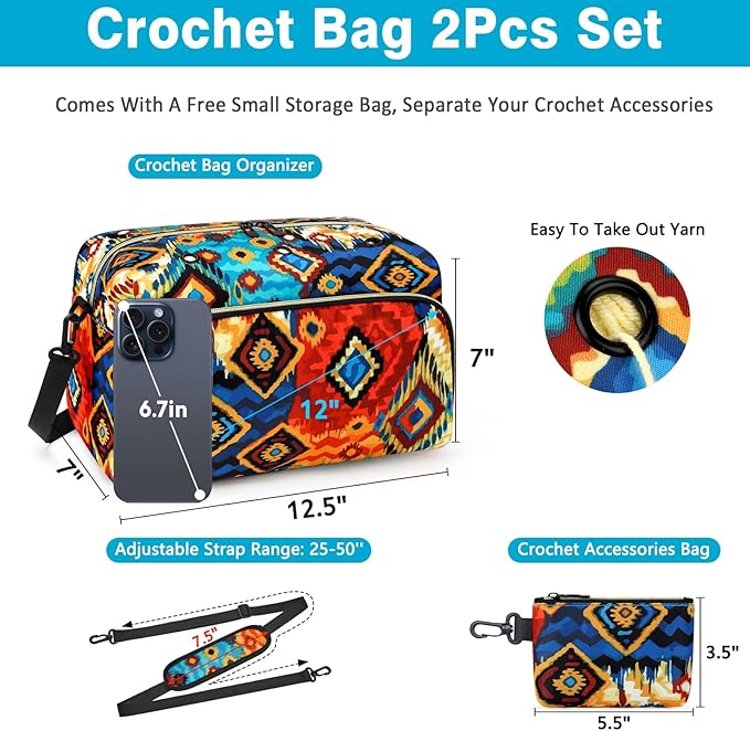 IBFUN Crochet Yarn Knitting Bag 2 Pcs Yarn Storage Organizer Crocheting Bags for Beginners with Shoulder Strap for Knit Accessories Needles Hooks