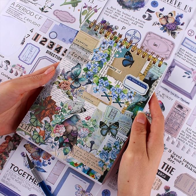 Vintage Washi Sticker Book for Journaling - 900+ Scrapbooking Stickers, Ephemera for Junk Journal Supplies DIY Crafts Arts Decorative 50 Sheets (Blue)