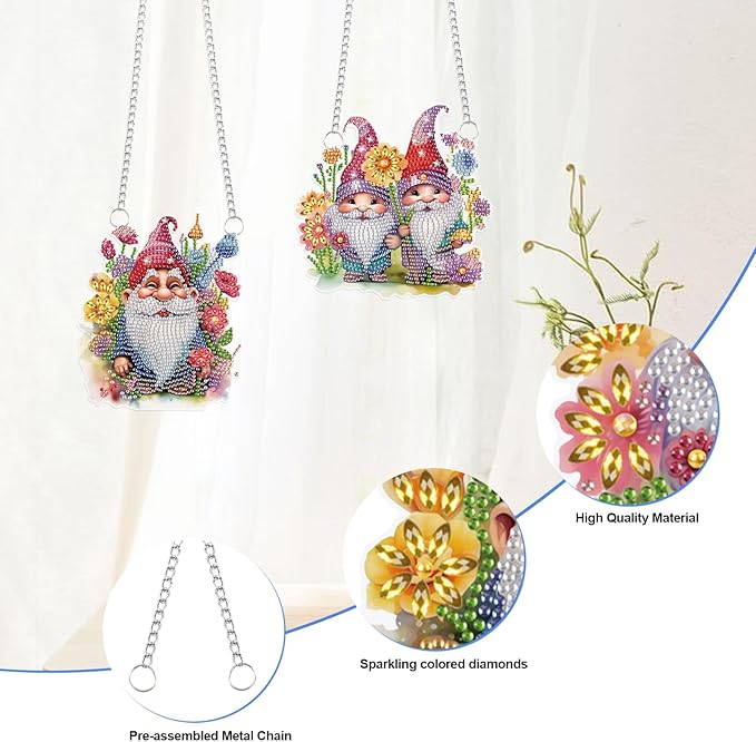 2 Pcs DIY Diamond Painting Gnome Hanging Ornaments – 5D Special-Shaped Dwarf Pendants with Floral Accents, Acrylic Window & Wall Decor Kit for Home and Gift
