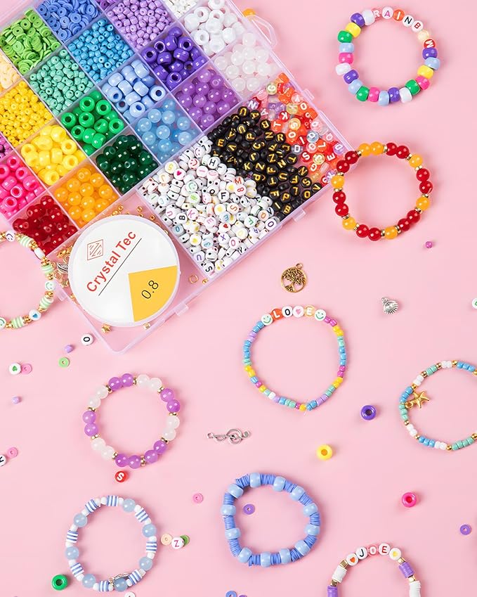 Taybonds Beaded Jewelry Assembly Set – 24 Color Polymer Clay, Glass & Letter Beads with Gold Spacer Components, Aesthetic Jewelry Materials for Bracelets, Necklaces & Accessories