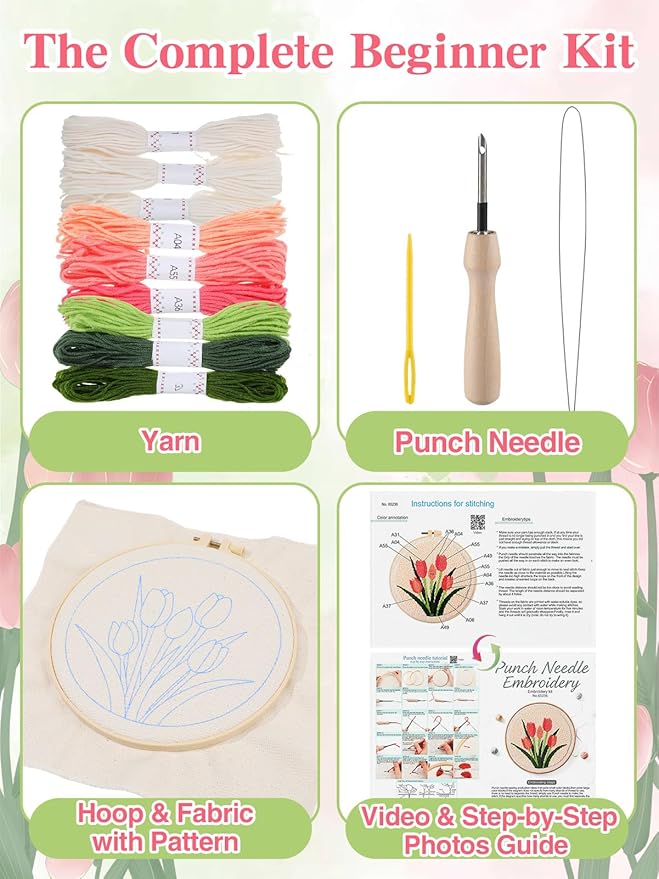 Punch Needle Kit Adults Beginner- Step-by-Step Guide & Video, Including Punch Needle Fabric with Pattern/Hoop/Needle/Yarns, Spring Embroidery Craft Kits, Easy Hobby Gifts for Women, Tulip