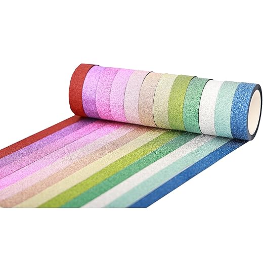 YUKUNTANG Glitter Washi Tape Set, 12 Rolls, 15mm x 66 Yards, Metallic Foil Sparkle Decorative Craft Tape for DIY Art, Scrapbooking, Journaling, Gift Wrapping