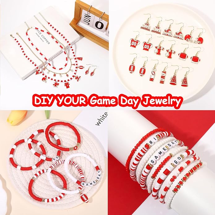 2200PCS+ Game Day Beads Charms for Bracelet Making Polymer Clay Beads Crystal Pearl Letter Gold Spacer Beads Football Charms for Game Day Bracelet Necklace Making DIY Crafts