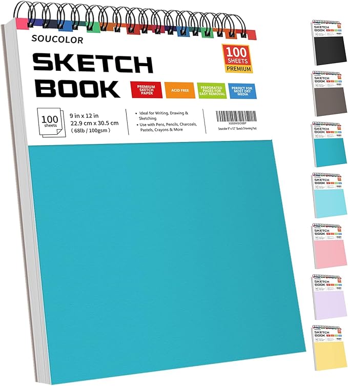 soucolor school supplies 9" x 12" sketch book for high college teacher student, 1-pack 100 sheets spiral bound art sketchbook, acid free (68lb/100gsm) artist blank book for kids, back to school stuff