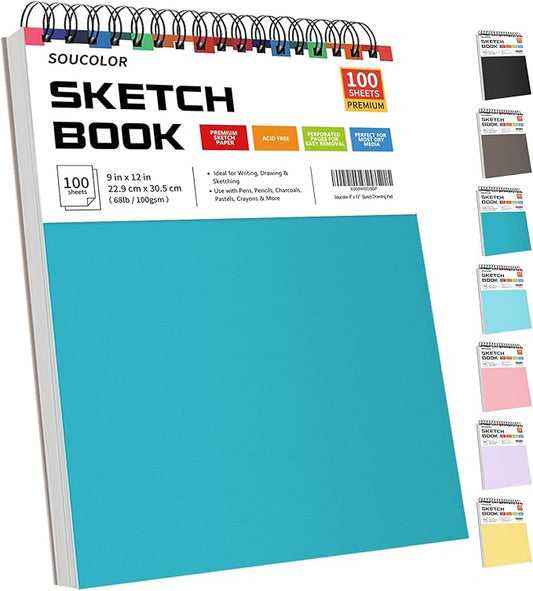 soucolor school supplies 9" x 12" sketch book for high college teacher student, 1-pack 100 sheets spiral bound art sketchbook, acid free (68lb/100gsm) artist blank book for kids, back to school stuff
