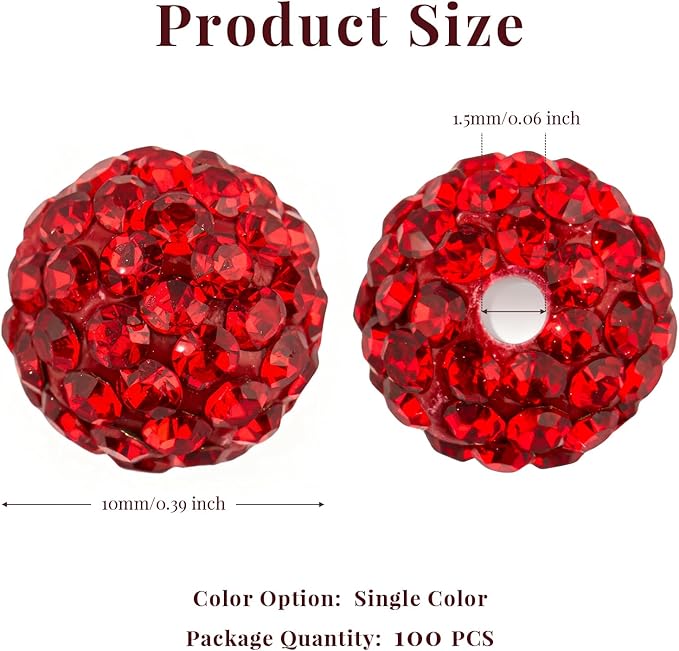 100Pcs 10mm Red Rhinestone Beads for Jewelry Making, Shiny Round Disco Ball Sparkly Beads Bulk with 10-Grid Storage Box for DIY Baseball Necklaces Shamballa Bracelets