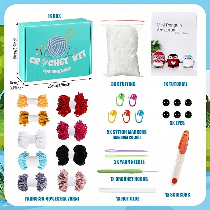 XunYee 3 Pcs Little Penguins Crochet Kit DIY Amigurumi Set Chenille Yarn Crochet Kit for Beginners with Complete Tools Step-by-Step Pattern Craft Gift for Adults