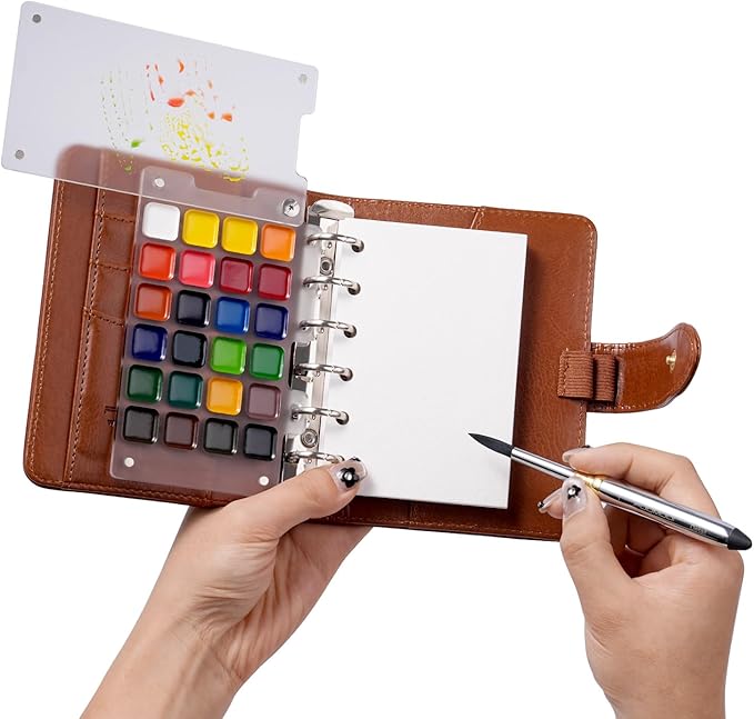 Fuumuui Portable Watercolor Sketchbook Set – Refillable 24-Color Travel Paints Kit & 100% Cotton Cold Press 20 Sheets Art Journal with Dual-Tip Travel Brush for Artists Outdoor Painting - Medium