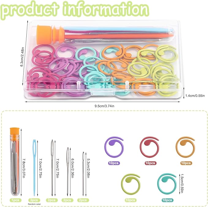 Lokunn 50 Pcs Crochet Stitch Markers, 5 Color Helical-Shaped Stitch Markers for Crocheting, 9 Pcs Large Eye Blunt Sewing Needles with Storage Box for DIY and Craft Sewing