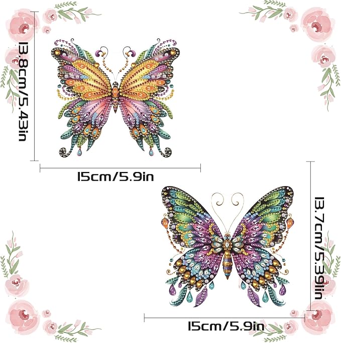 2 Pack Butterfly Diamond Painting Hanging Decorations – 5D DIY Special Shaped Diamond Art Wall Ornaments, Butterfly Design (15x13.7cm & 15x13.8cm), for Home Decor & Gifts