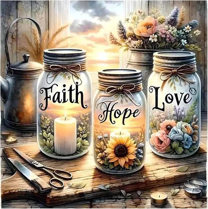 Stamped Cross Stitch Kits for Adults - Faith,Hope,Love Wishing Bottle Embroidery Kits for Beginners Adults,11 CT Patterns Dimensions Counted Cross Stitch Kits for Arts Craft Kits 13.7X 13.7 inch