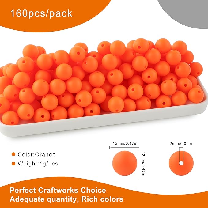 160Pcs 12mm Silicone Beads for Keychain Making Bracelet Necklace, Bulk Round Silicone Beads for Pens(Orange)