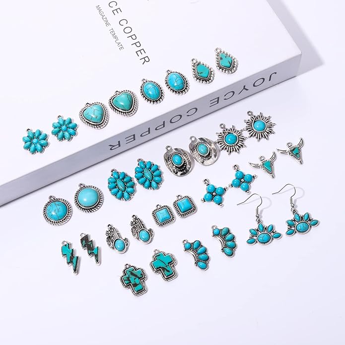 NVENF 32PCS Western Charms for Jewelry Making, Synthetic Turquoise Vintage Cactus Heart Flower Lightning Cowboy Boot Pendant for Bracelet Necklace Earring DIY Crafts