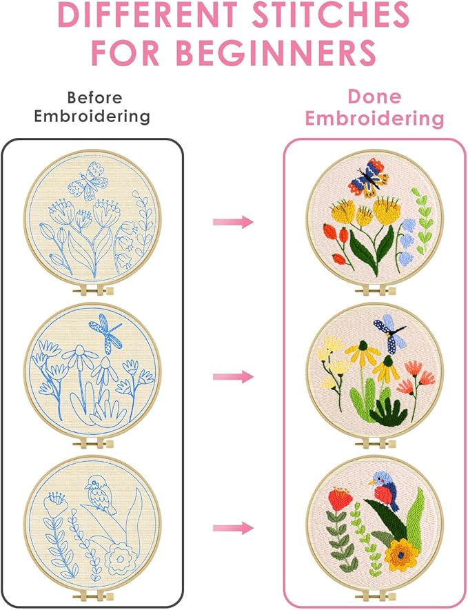 TINDTOP 3 Sets Punch Needle Kits, Flowers Punch Embroidery Kits for Adults Beginner, Tool with Punch Needle Fabric, Hoops, Yarns and Sewing Needles
