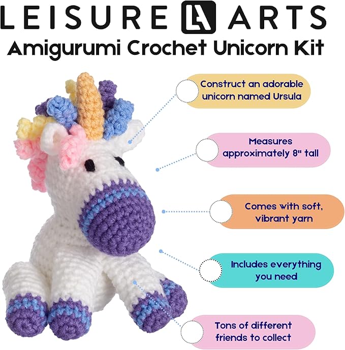 LEISURE ARTS - Crochet Kits, Friends Ursula Unicorn, 3", Crochet Kit for Beginners, Complete Kit, Animal Kits, Animal Kit, DIY Amigurumi Kits