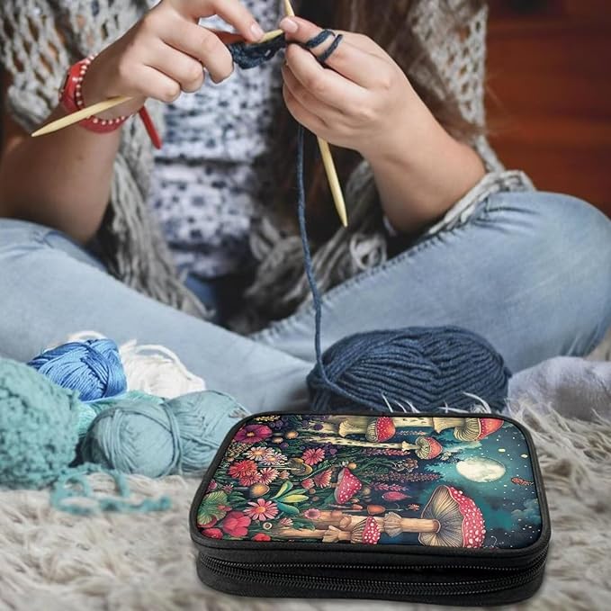 Hechitok Mushroom Empty Crochet Hook Case Portable Travel Crochet Storage Bag Organizer Zipper Bags with Web Pocket and Crochet Holder Slots for Crochet Knitting Accessories