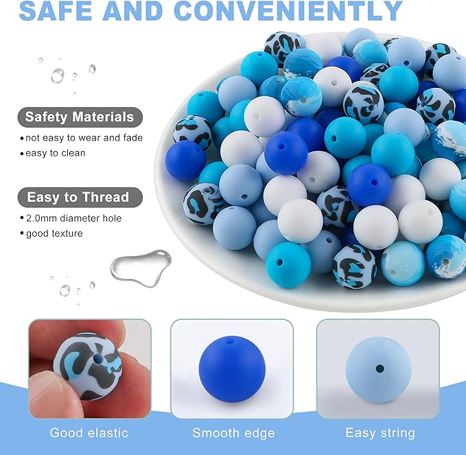 150Pcs Mixed Color 15mm Silicone Beads for Keychain Making, White Blue Leopard Print Silicone Beads for Pens and Bracelet Jewelry Making