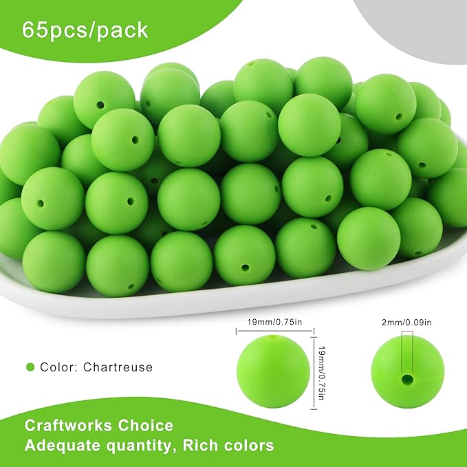 65Pcs 19mm Silicone Beads for Keychain Making Bracelet Necklace, Bulk Round Silicone Beads for Pens（Chartreuse）