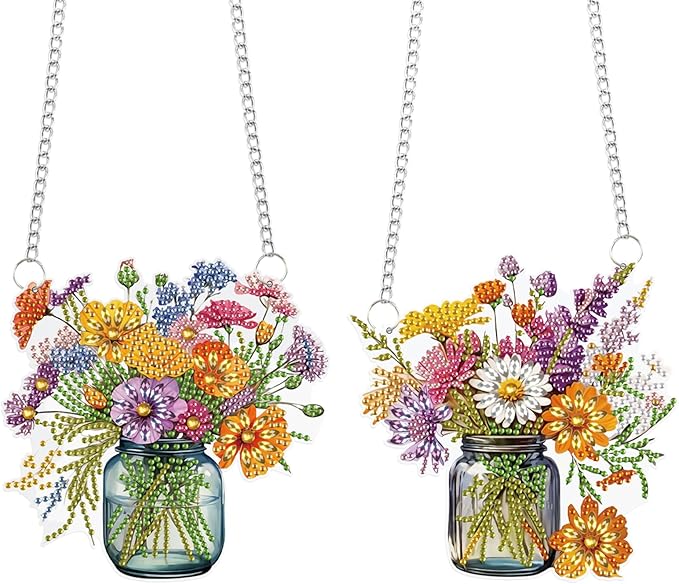 2 Pcs 5D DIY Diamond Painting Hanging Ornaments, Floral Bouquet Jar Design, Special Shaped Acrylic Diamond Art Suncatchers for Window or Wall Decor