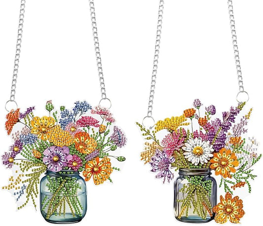 2 Pcs 5D DIY Diamond Painting Hanging Ornaments, Floral Bouquet Jar Design, Special Shaped Acrylic Diamond Art Suncatchers for Window or Wall Decor