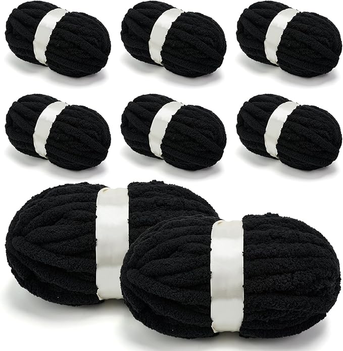 Chunky Yarn for Hand Knitting, Jumbo Chunky Yarn for Crocheting, Chunky Chenille Yarn, 8 Pack (32 yds 8.5 oz Each Skein),#7, Black