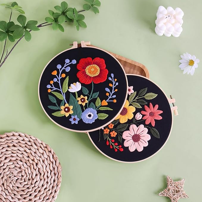 louise maelys 3 sets flowers embroidery kits for beginners,cross stitch kit for adults,crewel starters needlepoint with floral pattern,hoop,threads and instruction