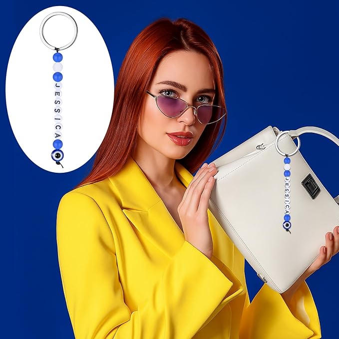 Landical 564 Pcs Evil Eye Keychain Making Kit DIY Bead Keychain Charm Blue Key Chain Craft Adjustable Letter Bead String Alphabet Jewelry Amulet for Good Luck Holiday Christmas Party Favor(Blue White)