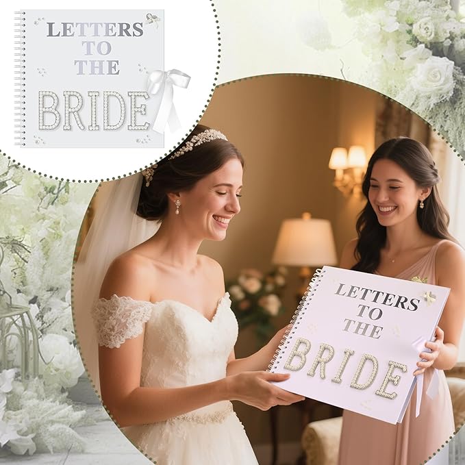 Fuyoooo 12 x 12 Inch Letters to The Bride Scrapbook Wedding Memory Book Bridal DIY Blank Paper Scrapbook Photo Album Guest Book Sign with Pearl Stickers, Metallic Letters, Bows(White)