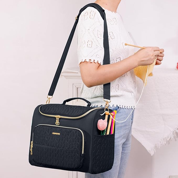 MYBAGZING Crochet Bag Organizer, Quilted Storage Bag with Hanging Hook, Yarn Holder for Knitting & Crochet Accessories, Crochet Gift for Mother's Day