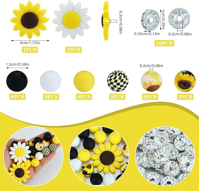 45 Pcs 15mm Silicone Beads Sunflower Focal Beads for Pens Printed Silicone Beads Bulk for Keychain Bracelets Making and Other Handmade Crafts(Chrysanthemum)