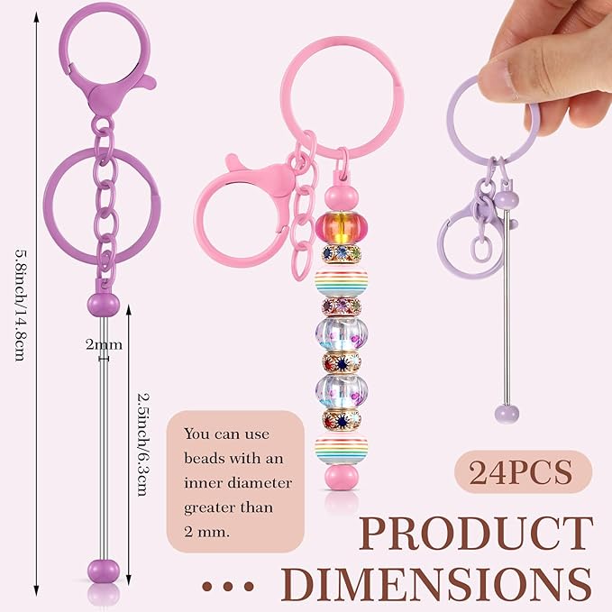 Tondiamo 24 Pcs Beadable Keychain Bars Bulk Beads for Keychain Making Kit Gifts for Women Men DIY Crafts (Mixed Color)