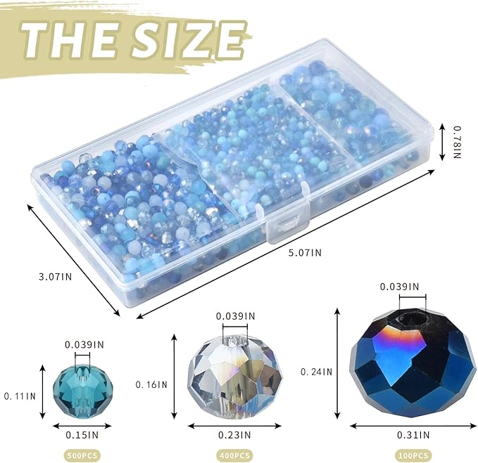 4/6/8mm Crystal Glass Beads,3 Sizes Total 1000pcs Faceted Briolette Rondelle Beads with Container,Loose Spacer Beads for DIY Beading Projects,Earrings,Necklaces(Blue Color)