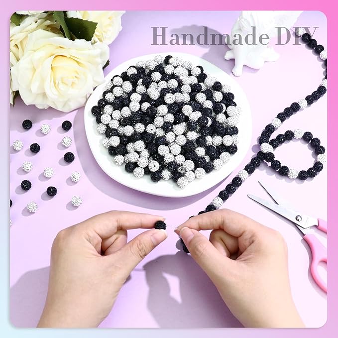 Dowarm 255PCS 10mm Rhinestone Beads for Baseball Rhinestone Necklace Bracelet Jewelry Making, Round Polymer Clay Beads for Crafts Beaded Pen, Shamballa Clay Pave Disco Diamond Bead, Black|White